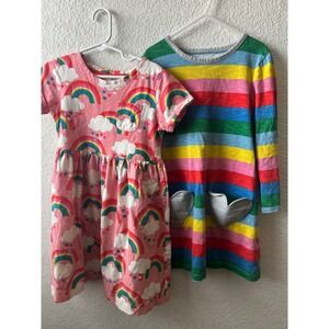 Mini Boden Girls Rainbow Striped Dress Lot Pink Heart Pockets 6-7Y 7-8Y Cotton